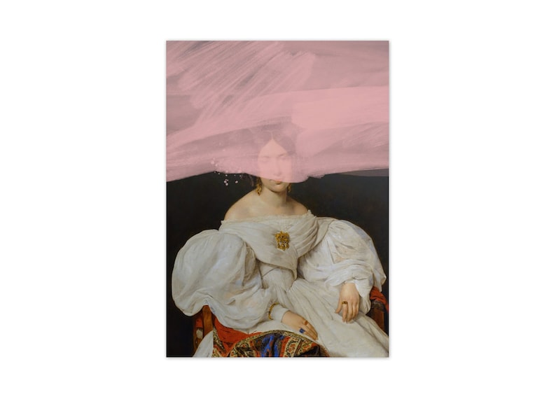 May include: A painting of a woman in a white dress with a pink brushstroke covering her face. The woman is sitting in a chair with a red and blue patterned cushion.