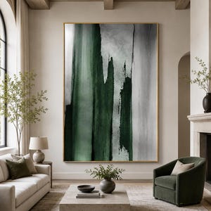 Deep Forest Green Abstract Canvas Oversized Gray Wall Painting Vertical Modern Art Moody Minimalist Decor for Living Room