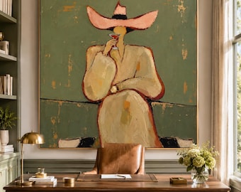 Original Gold Leaf Oil Painting Abstract Beige Dress Woman Canvas Sage Green Faceless Portrait Art Mid Century Modern Salon Wall Decor
