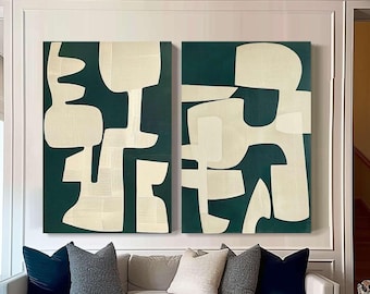 Large Green Texture Painting Dark Green Abstract Wall Art Sage Green Abstract Painting Modern Texture Canvas Art Set of 2 Beige Wall Art