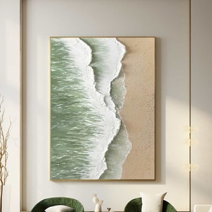 Large Green Coastal Wall Decor Abstract Green Beach Painting Acrylic Framed Ocean Wave Canvas Painting 3D Texture Abstract Beach Canvas Art