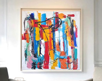 Extra Large Modern Palette Knife Texture Colorful Abstract Wall Art Framed Textured Vertical Oil Painting Canvas Artwork Red Orange painting