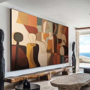 Grande dipinto murale astratto colorato, dipinto minimalista marrone e arancione, dipinto minimalista astratto contemporaneo, arte moderna incorniciata