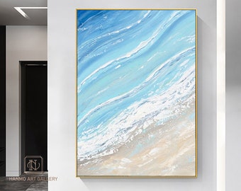 Seascape abstract painting on canvas white wave art scenery painting blue sea art Minimalist abstract art extra large living room wall art