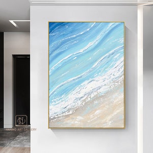 Seascape abstract painting on canvas white wave art scenery painting blue sea art Minimalist abstract art extra large living room wall art