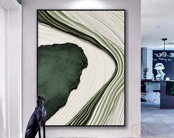 Large Nordic Green White abstract wall Green 3D texture painting Green White painting modern living room abstract painting Minimalist Art