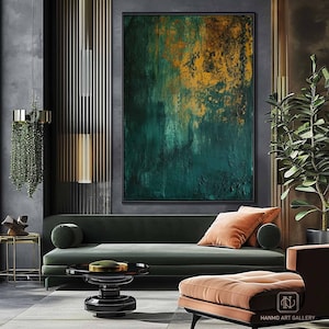 Arte mural Wabi Sabi, gran arte mural abstracto verde, pintura texturizada verde y dorada, arte mural de yeso dorado, pintura abstracta verde y dorada