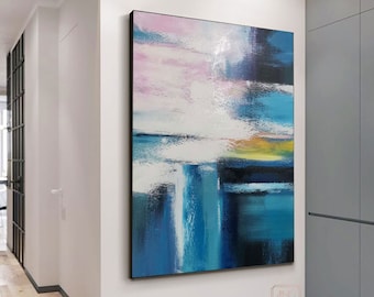 Dipinto astratto originale blu bianco di grandi dimensioni, dipinto astratto moderno, dipinto a mano ad olio blu, arte da parete per ufficio, arte astratta originale strutturata