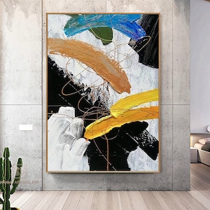 Framed Original abstract painting On canvas Yellow texture abstract painting White and black painting Minimalist art living room decoration
