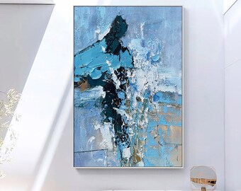 抽象画　青と白、ピンク キャンバスに描かれた抽象画 青とピンクの色の抽象画 モダンな