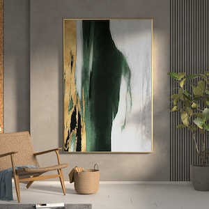 Original Acrylic Abstract Painting Green Gold White Neutral Abstract Canvas Art Gold Leaf Abstract Painting Extra Large Abstract Painting image 2