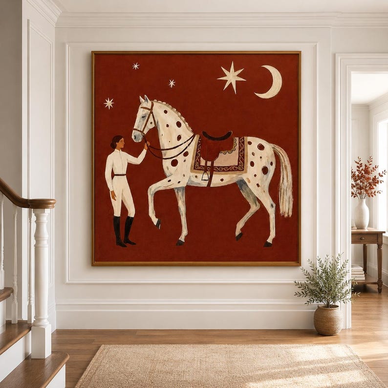 May include: A square wall art print featuring a person in white equestrian attire standing next to a spotted white horse with a brown saddle. The background is a deep terracotta red color, decorated with a white crescent moon and several stars.