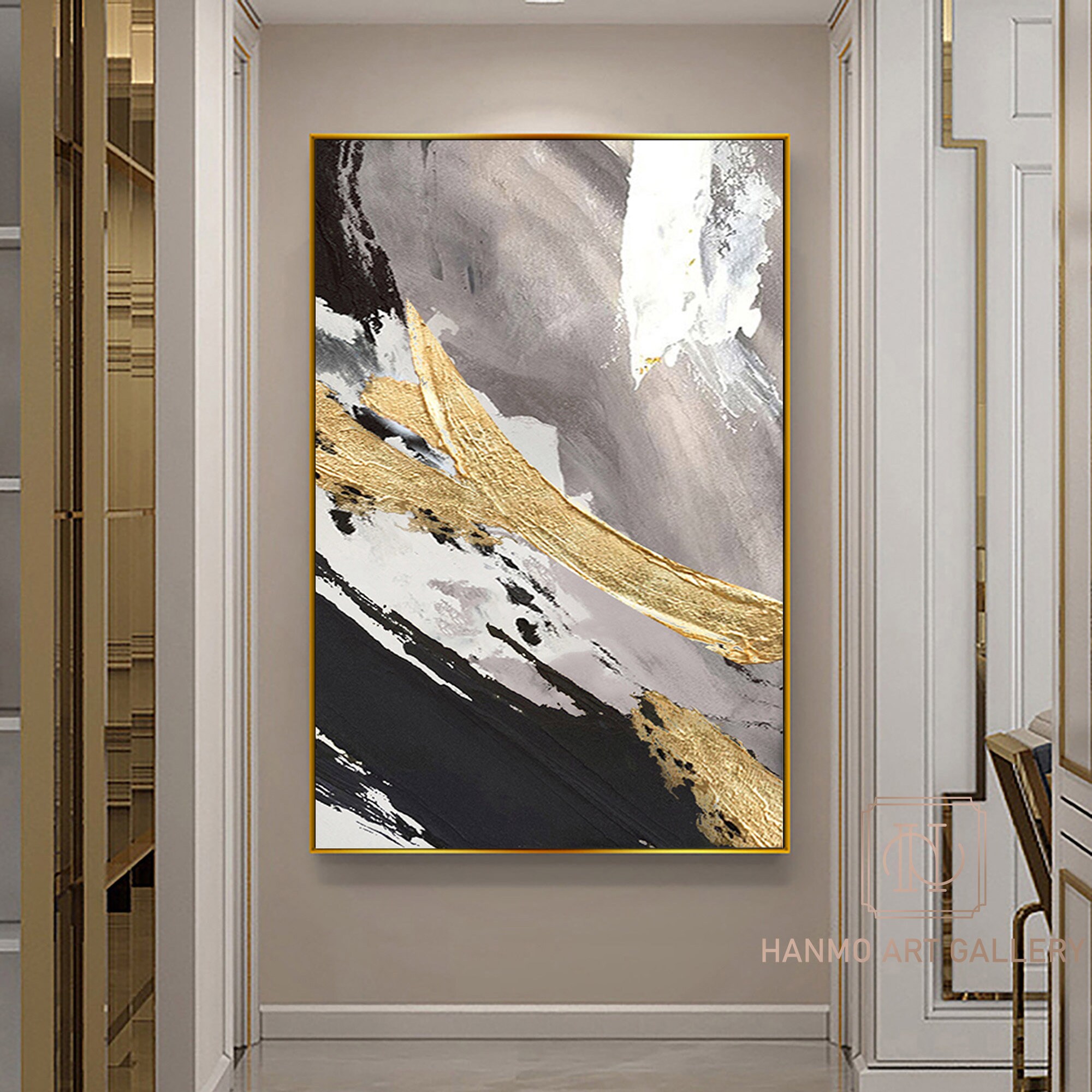 V-inspire Abstrakte Wandkunst 71x102 Cm – Handgemaltes Ölgemälde Schwarz & Gold Auf Leinwand Für Wohnzimmer, Schlafzimmer