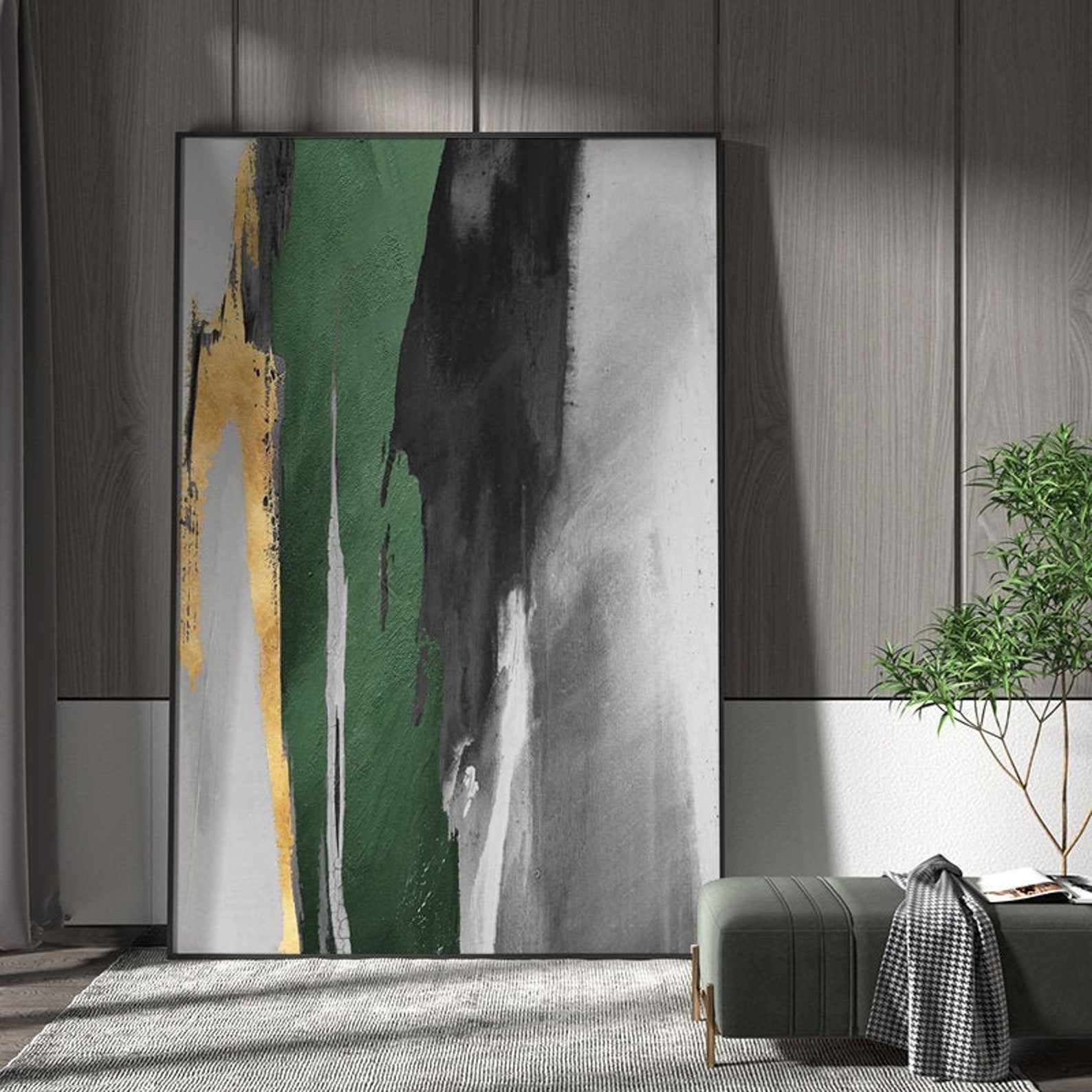 Large Acrylic Abstract Painting Original Green and Gold Canvas Art Gold ...