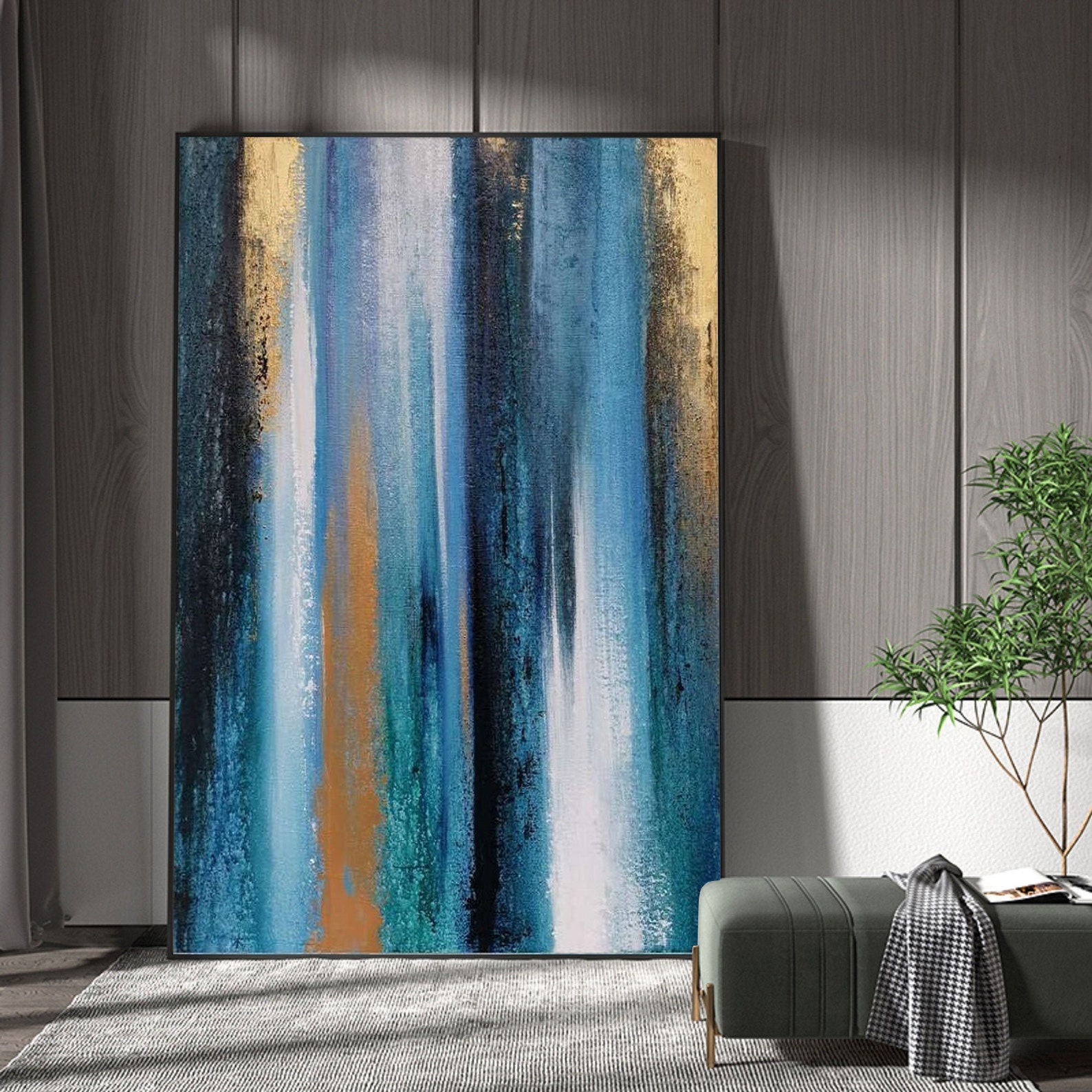 Extra Large Blue And Gold Canvas Art Original Gold Leaf Etsy