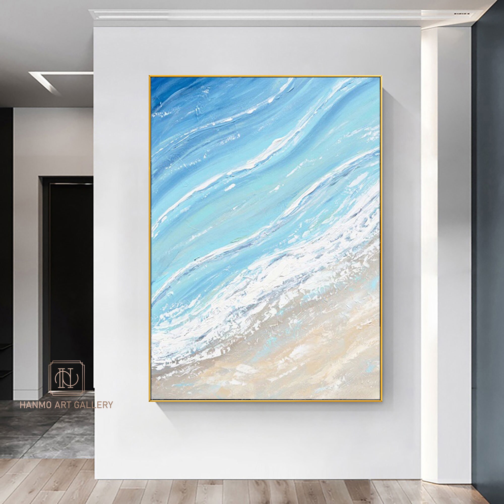 キャンバスに描かれた海の抽象画、白い波のアート、風景画、青い