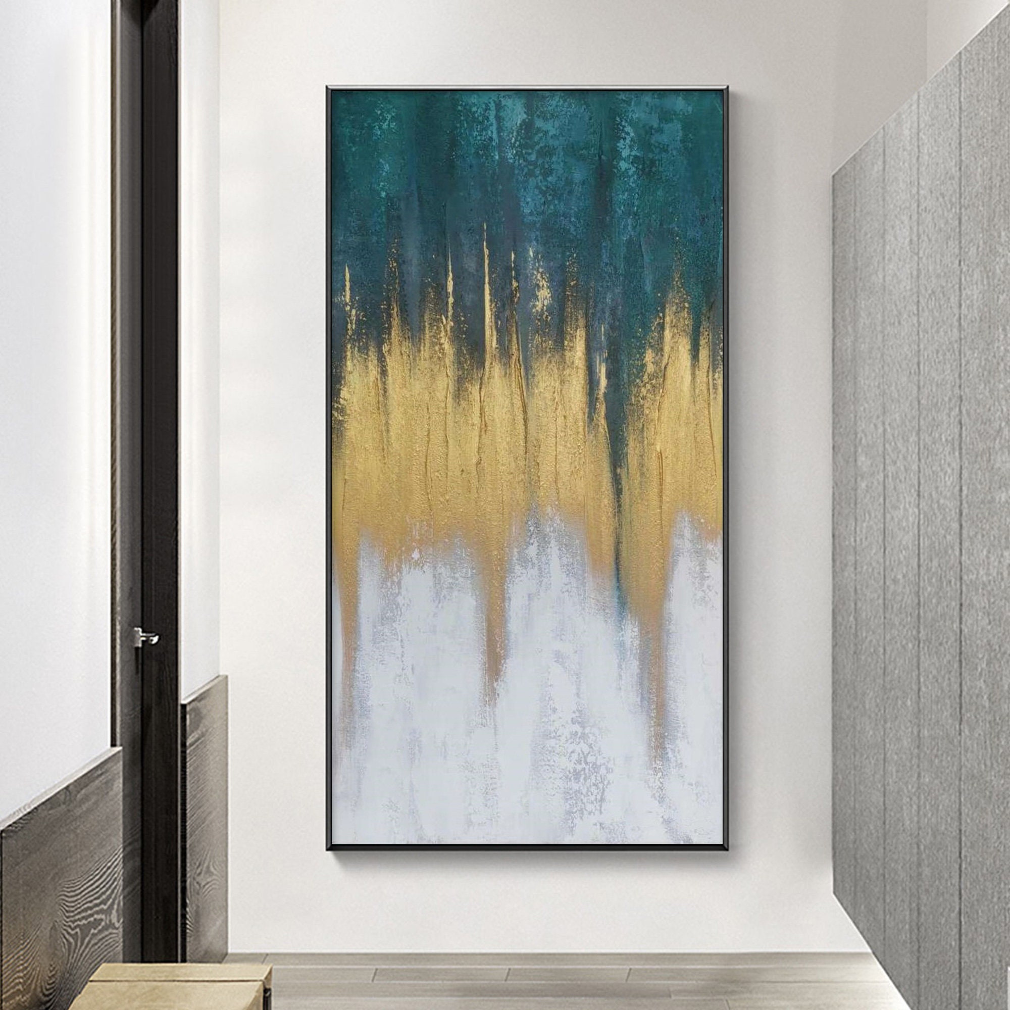 Extra Large Gold and Green Abstract Painting on Canvas White Etsy