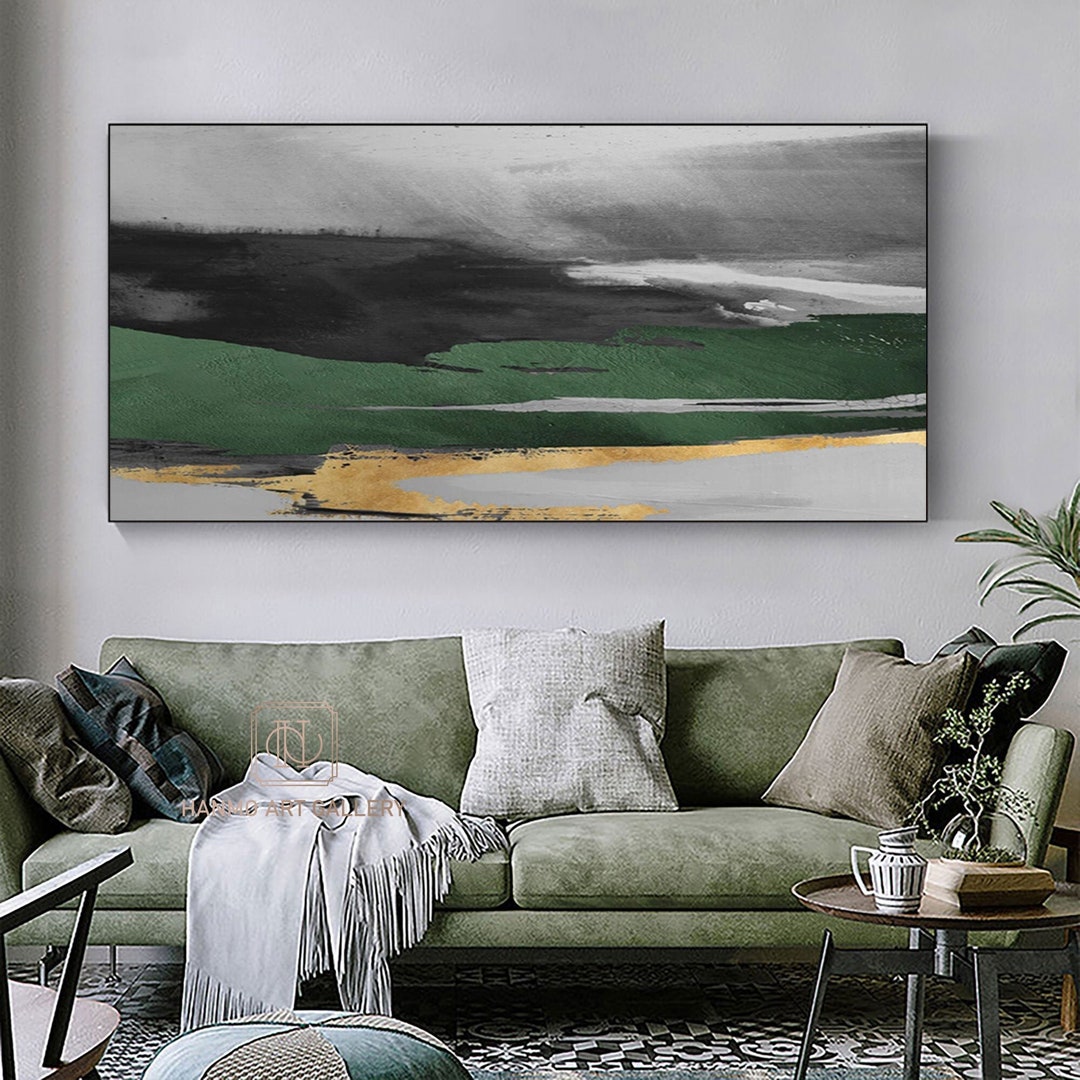 Large Acrylic Abstract Painting Original Green and Gold Canvas Art Gold ...