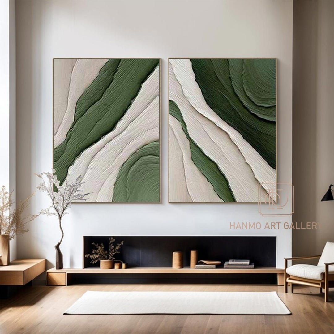 Wabi Sabi Wall Art Set of 2 Green Plaster Wall Art White Minimalist ...