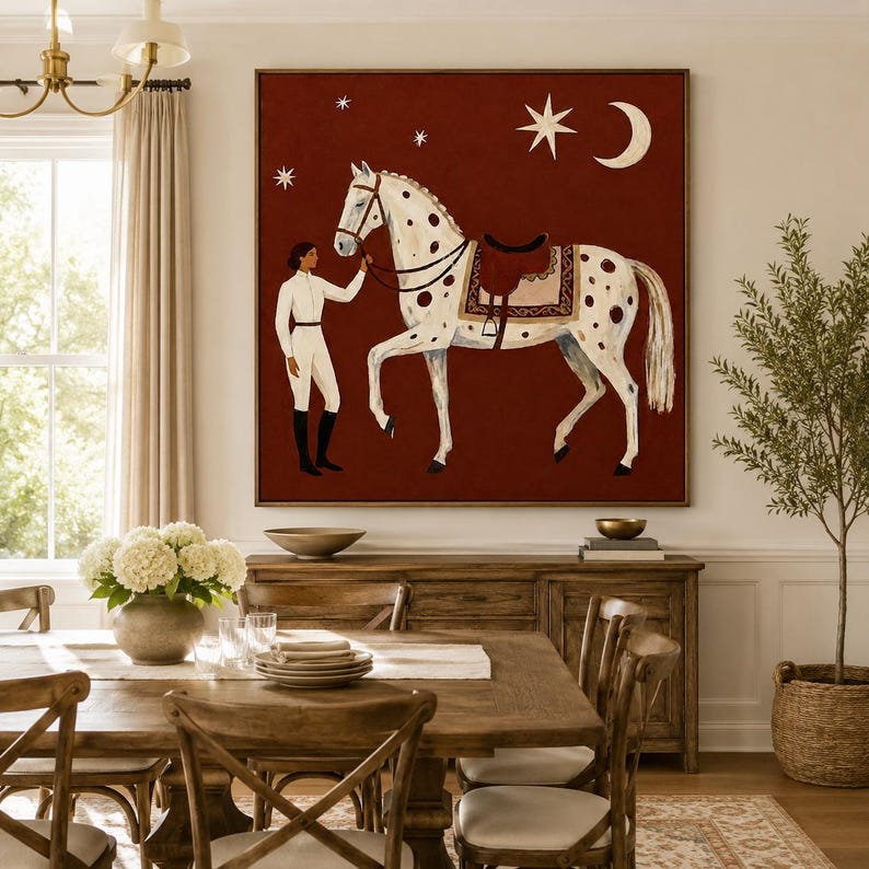 May include: A square wall art print featuring a deep red background with a white spotted horse and a person in white equestrian attire. The scene includes a crescent moon and stars in the upper section, with the horse wearing a brown saddle.