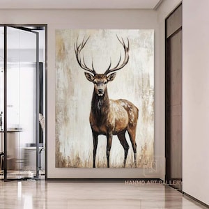 Large Abstract Deer Oil Painting on Canvas, Original and Hand-painted Stag Canvas Wall Art, Modern Animal Painting for Living Room Bedroom