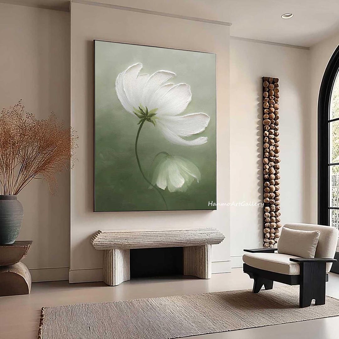 Textured Sage Green Wall Art 3D White Flower Oil Painting Impasto ...