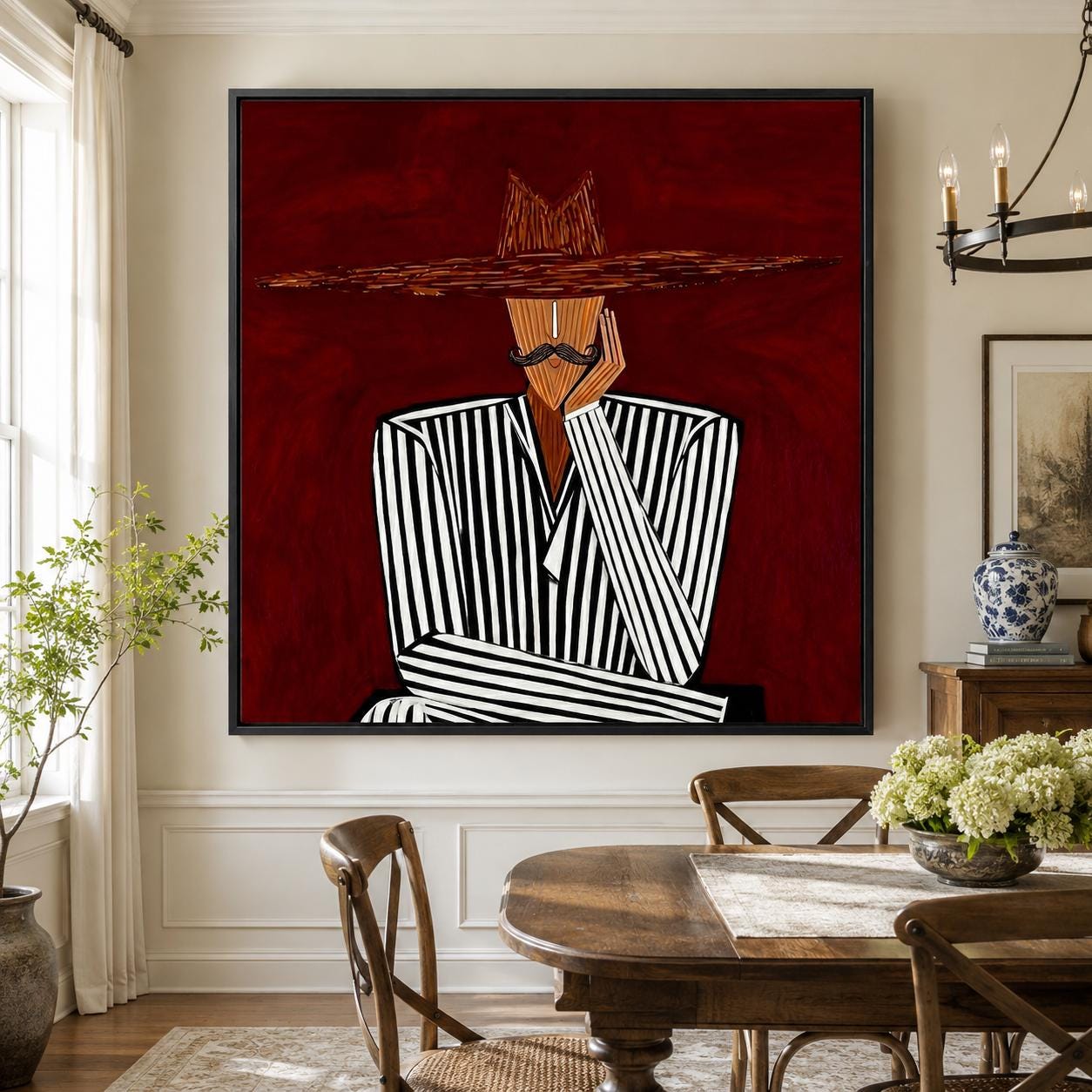 Original Cubism Oil Painting Abstract Man with Mustache Canvas Striped Suit Faceless Portrait Art Mid Century Modern Dark Red Wall Decor