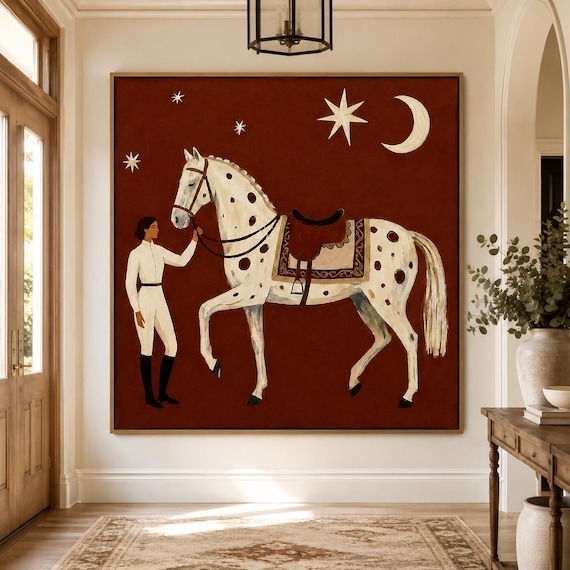 Minimalist Horse Painting with Woman Equestrian Art White Appaloosa on Terracotta Background Modern Wall Decor for Horse Lovers