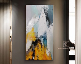 Large abstract painting on canvas yellow minimalist abstract painting White abstract painting Modern abstract art office wall decor