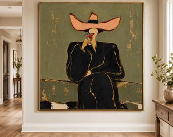 Peinture à l'huile originale de feuille d'or femme abstraite avec toile de verre à martini vert sauge portrait sans visage Art décoration murale moderne du milieu du siècle