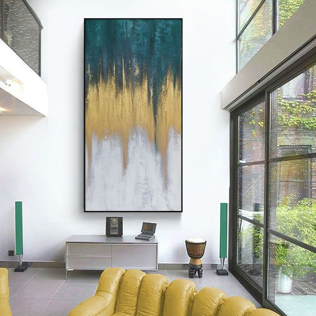 Extra Large Gold and Green Abstract Painting on Canvas White and Gold