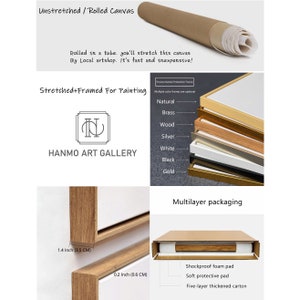 May include: A rolled canvas in a tube, a stack of frames in natural, brass, wood, silver, white, black, and gold, and a framed canvas with a 1.4 inch depth and 0.2 inch width. Includes multilayer packaging with foam and a five-layer carton.