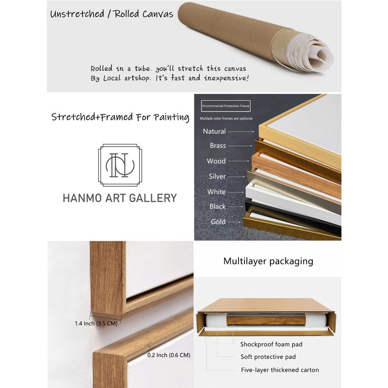 May include: A rolled canvas in a tube, a stack of frames in natural, brass, wood, silver, white, black, and gold, and a framed canvas with a 1.4 inch depth and 0.2 inch width. Includes multilayer packaging with foam and a five-layer carton.