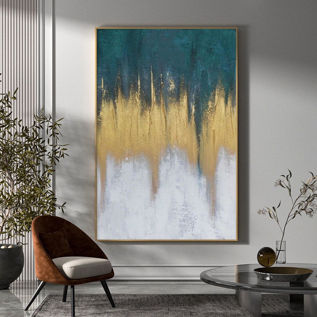 Original Gold and Green Abstract Painting on Canvas White and Gold