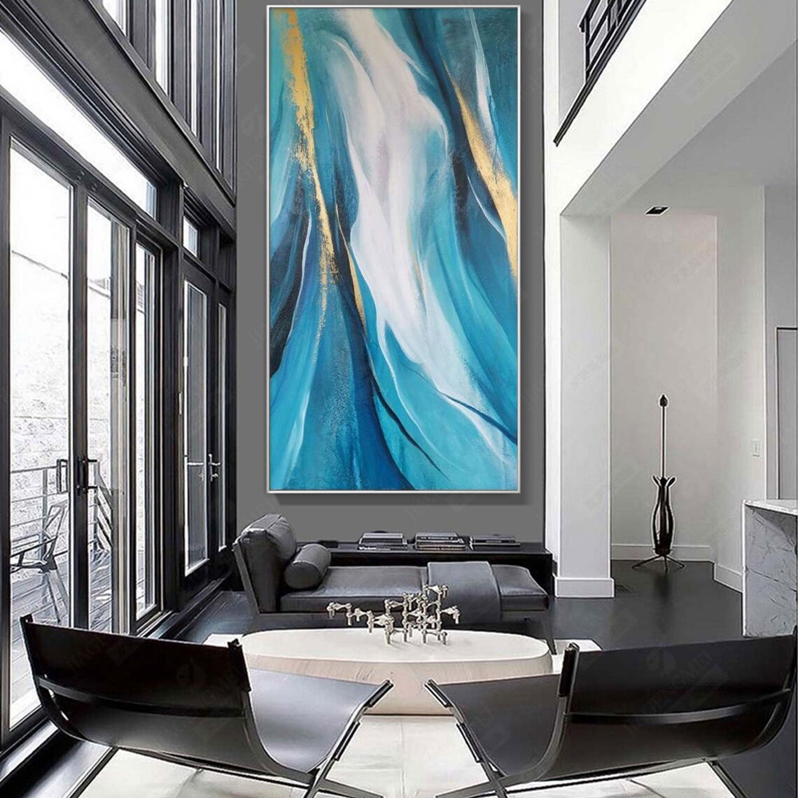 Extra Large Blue and Gold Abstract Oil Painting on Canvas Etsy