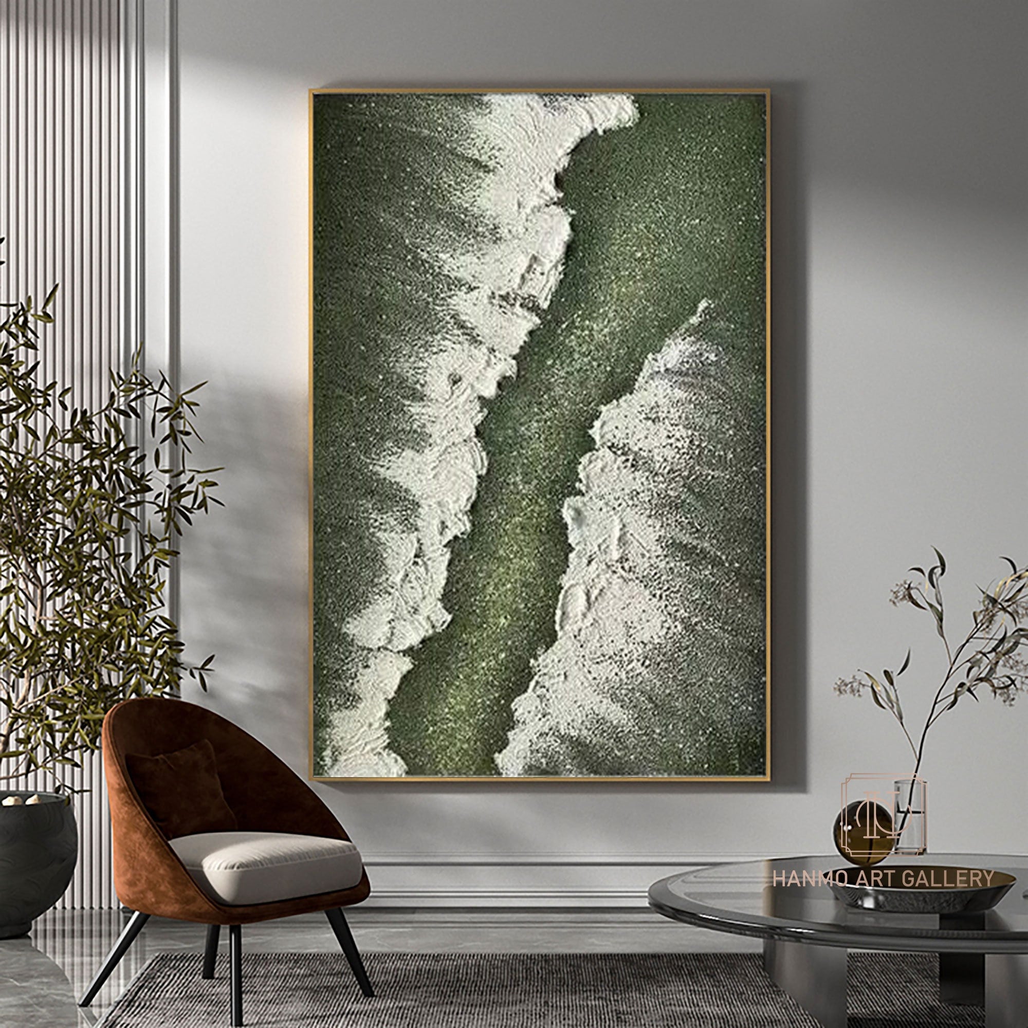 Große Grün-weiße Wandkunst - Handgemalte Abstrakte Malerei 70x100 Cm Für Modernes Wohnzimmer
