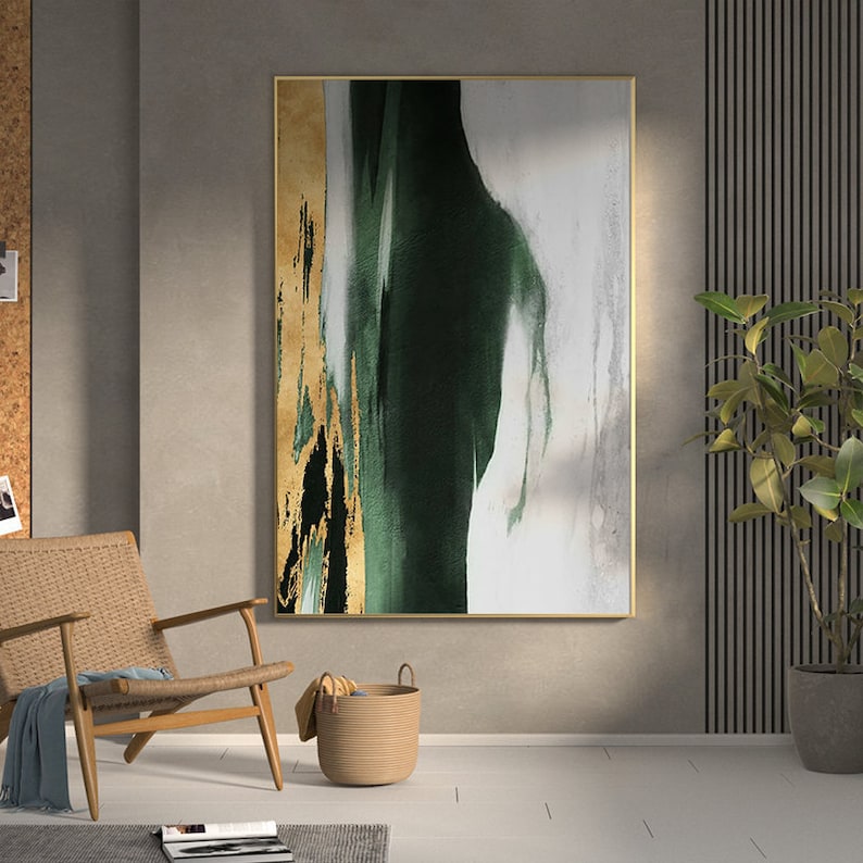 Original Acrylic Abstract Painting Green Gold White Neutral Abstract Canvas Art Gold Leaf Abstract Painting Extra Large Abstract Painting image 2