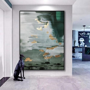 Green minimalist painting green gold art gold canvas painting green abstract art green canvas mural painting large green abstract painting
