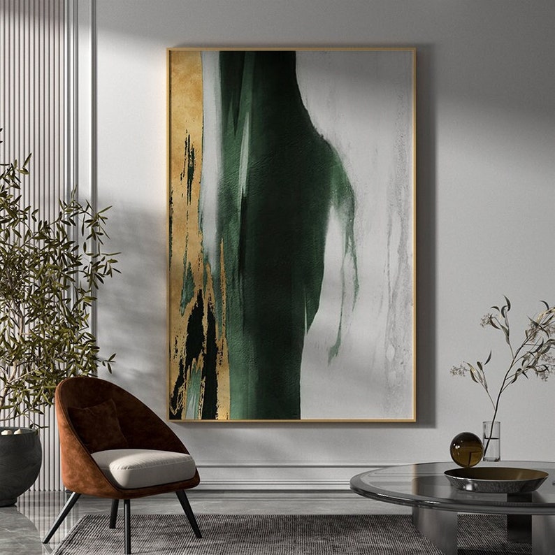 Original Acrylic Abstract Painting Green Gold White Neutral Abstract Canvas Art Gold Leaf Abstract Painting Extra Large Abstract Painting image 1