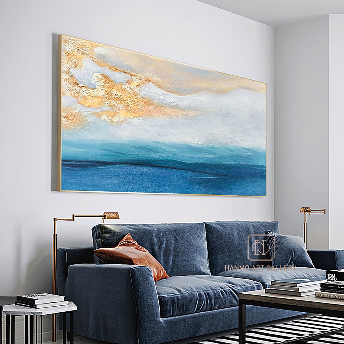 Extra Large Blue Wall Painting on Canvas Ocean Sunset Painting Etsy