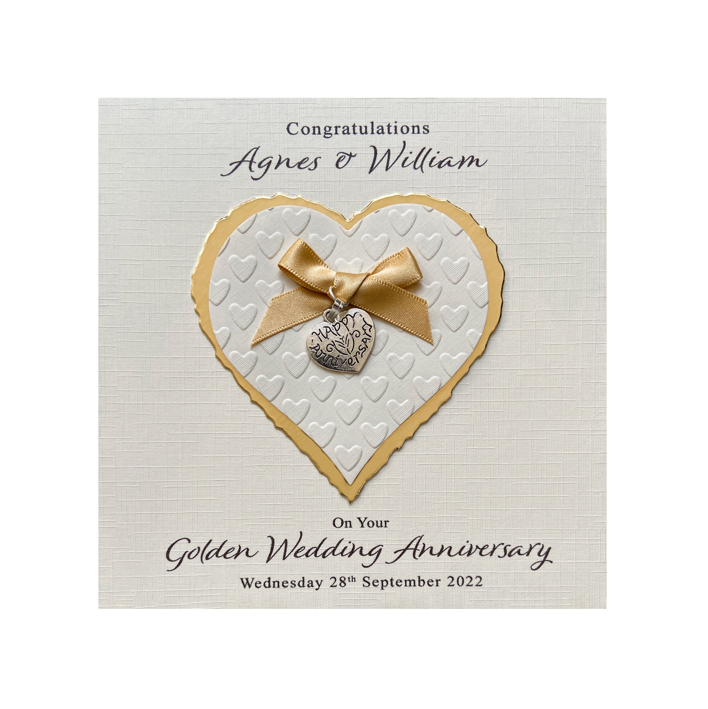 Handmade PERSONALISED Golden 50th Wedding Anniversary Card - Heart Ch…