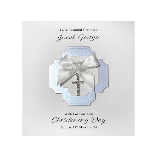 Handmade PERSONALISED Christening Card - Diamanté Cross Charm Boy