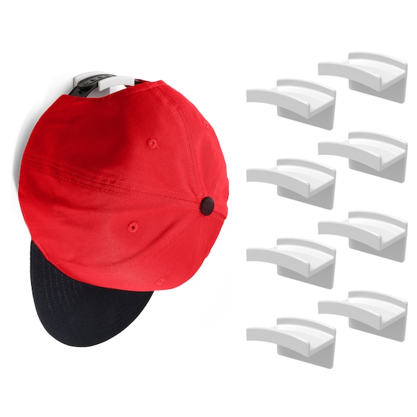 8x Adhesive Hat Hooks for Wall - Minimalist Hat Rack Design, No Drilling