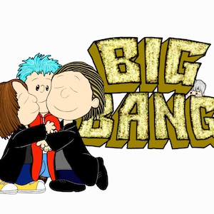 May include: Cartoon illustration featuring three characters hugging, with the text "BIG BANG" in a gold, textured font. The characters have distinct hairstyles and clothing, with one wearing a black coat and another a red shirt.