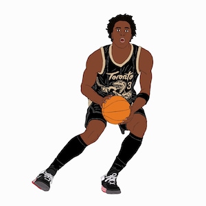 May include: A basketball player in a black and gold jersey with the word "Toronto" and the number "3" on the front, dribbling a basketball. The player is wearing black shorts and black socks with white sneakers.