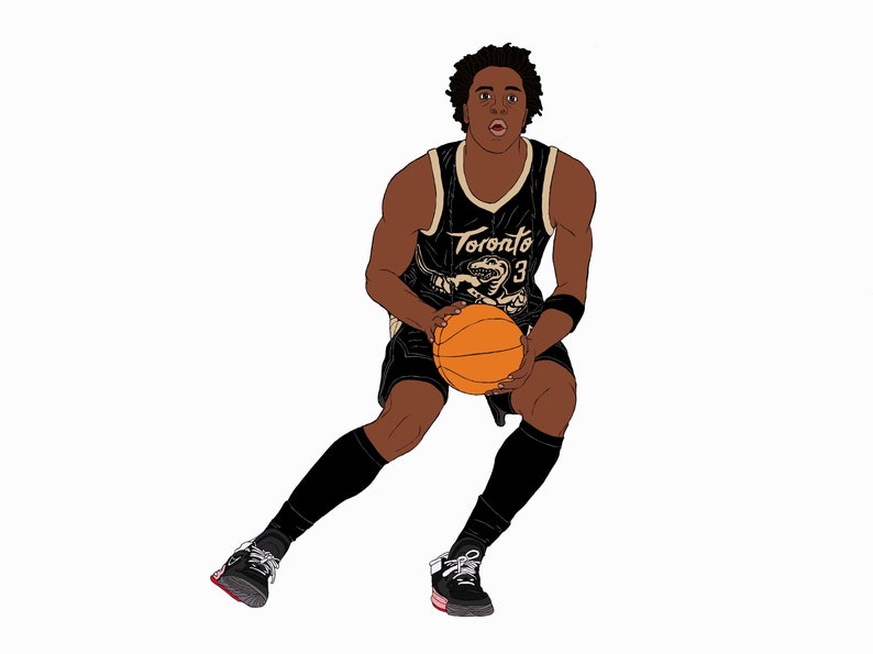 May include: A basketball player in a black and gold jersey with the word "Toronto" and the number "3" on the front, dribbling a basketball. The player is wearing black shorts and black socks with white sneakers.