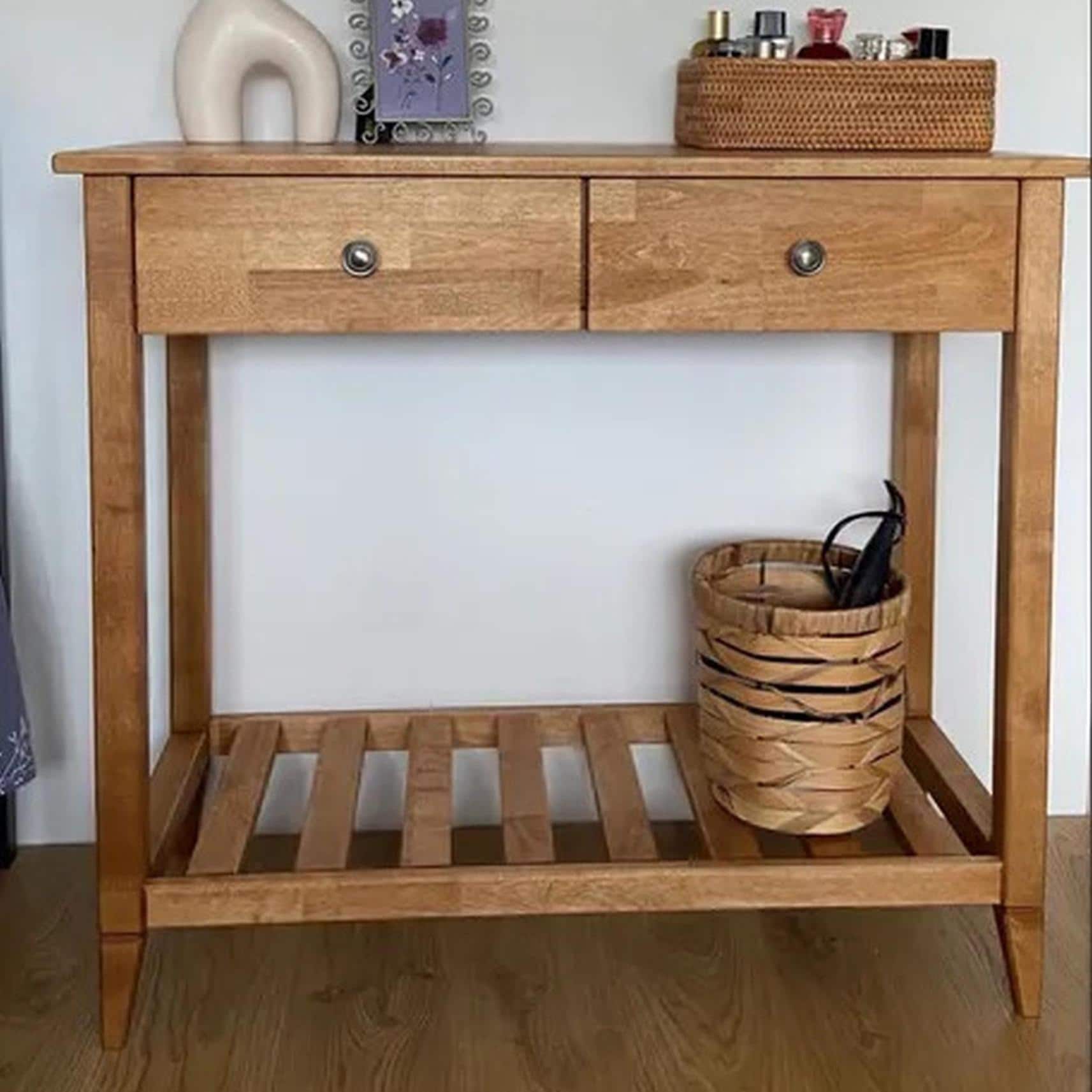Solid Oak Console Table with Drawers, Vanity or Entryway Table