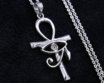 Silver Egyptian Ankh Cross Eye of Horus Protection Amulet Pendant Necklace
