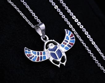 Blue Winged Egyptian Scarab Pendant Necklace Dainty Silver Pharaonic Jewelry Handmade