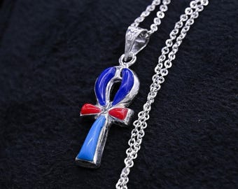 Egyptian Ankh Key of Life Silver Pendant Necklace Blue Enamel Protection Jewelry